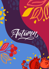 Autumn vector illustration with lettering typography of autumn. Autumn icon, badge, poster, banner with signature. Apple, leaves, pomergranate. Autumn template for postcard, invitation, card