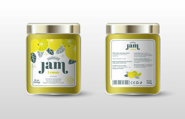 Lemon jam. Label for jar and packaging. Whole and cut fruits, leaves and flowers, text, stamp(sugar free).