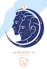Modern magic witchcraft card with astrology Gemini zodiac sign. Zodiac characteristic