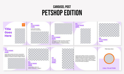 Set of editable social media instagram carousel pet, petshop, grooming, petcare with purple white design vector template ai and eps 10