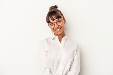 Young mixed race business woman isolated on white background  happy, smiling and cheerful.