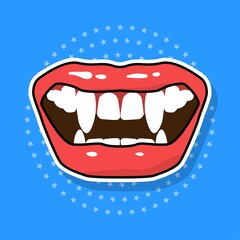 Vampire fangs sticker with shadow, vector illustration.