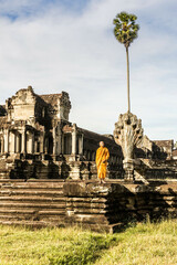 Fototapeta premium Young Buddhist monk standing outside temple in Angkor Wat, Siem Reap, Cambodia