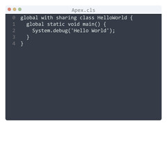 Apex language Hello World program sample in editor window