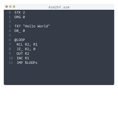 Asm2bf language Hello World program sample in editor window