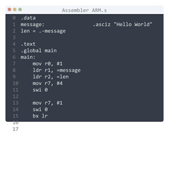 Assembler ARM language Hello World program sample in editor window