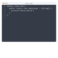Ash language Hello World program sample in editor window