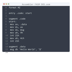 Assembler FASM DOS language Hello World program sample in editor window