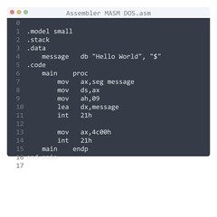 Assembler MASM DOS language Hello World program sample in editor window