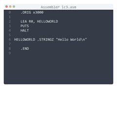 Assembler lc3 language Hello World program sample in editor window