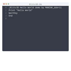 Blitz3D language Hello World program sample in editor window