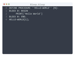 Bloop language Hello World program sample in editor window