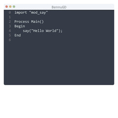 BennuGD language Hello World program sample in editor window