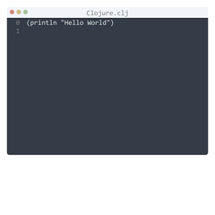 Clojure language Hello World program sample in editor window