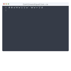 ContinuesEquation language Hello World program sample in editor window