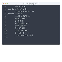 BitBitJump language Hello World program sample in editor window