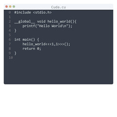 Cuda language Hello World program sample in editor window