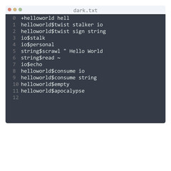 dark language Hello World program sample in editor window