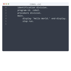COBOL language Hello World program sample in editor window