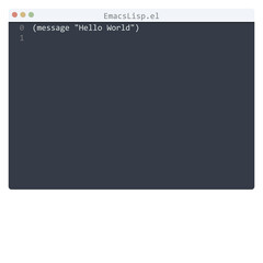 EmacsLisp language Hello World program sample in editor window