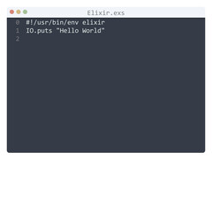 Elixir language Hello World program sample in editor window