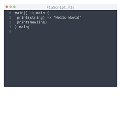 Naklejka na ściany i meble FlaScript language Hello World program sample in editor window