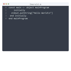 Emerald language Hello World program sample in editor window
