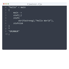 Fjoelnir language Hello World program sample in editor window
