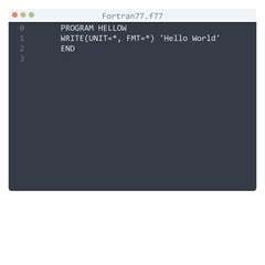 Fortran77 language Hello World program sample in editor window