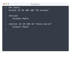 Gui4Cli language Hello World program sample in editor window
