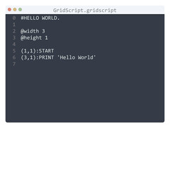 Naklejka na ściany i meble GridScript language Hello World program sample in editor window