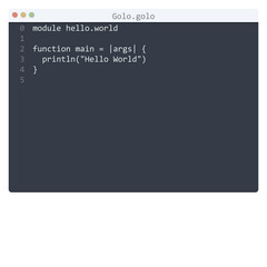 Golo language Hello World program sample in editor window