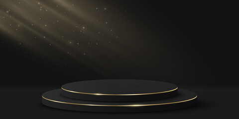 Minimalistic luxurious podium with light effect for show your product. 3d cylinder on black background. Platform or scene. Mockup for fashion presentation. Vector