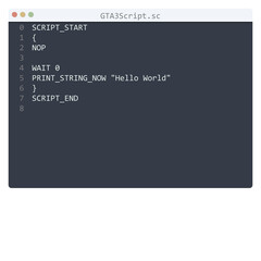 GTA3Script language Hello World program sample in editor window