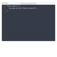 Gravity language Hello World program sample in editor window