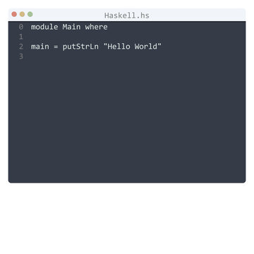 Haskell language Hello World program sample in editor window