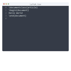 LaTeX language Hello World program sample in editor window