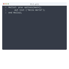 PLI language Hello World program sample in editor window
