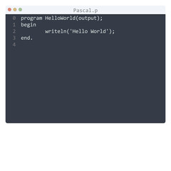 Pascal language Hello World program sample in editor window