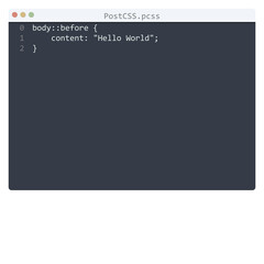 PostCSS language Hello World program sample in editor window