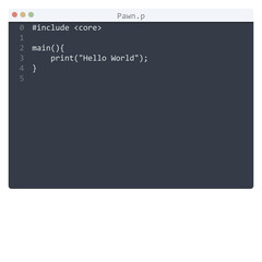 Pawn language Hello World program sample in editor window