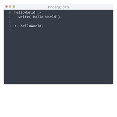 Prolog language Hello World program sample in editor window