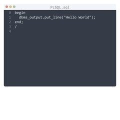 PLSQL language Hello World program sample in editor window