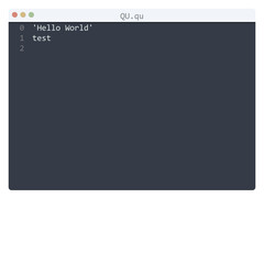 QU language Hello World program sample in editor window