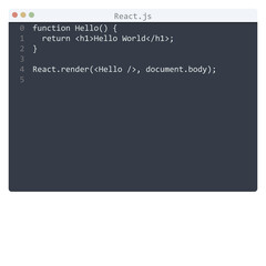React language Hello World program sample in editor window