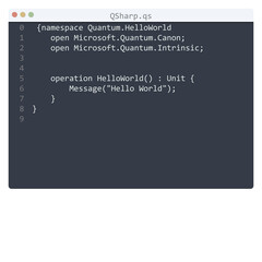 QSharp language Hello World program sample in editor window