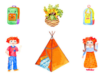Watercolor set of children activities in nature- collection of autumn leaves and mushrooms, rest in touristic tent, walking with backpacks. Autimn adventure icon set