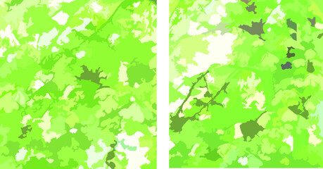 Bright green background - two options. Green foliage for backgrounds and textures, camouflage, prints on T-shirts and posters, textiles and wallpaper, etc.