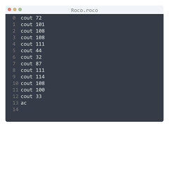 Roco language Hello World program sample in editor window
