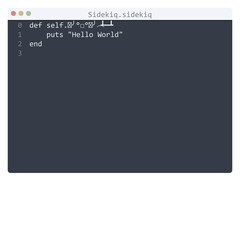 Naklejka na ściany i meble Sidekiq language Hello World program sample in editor window